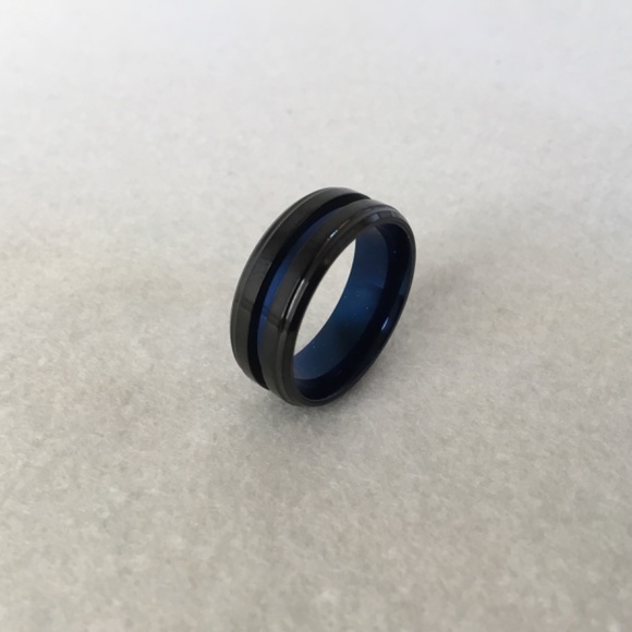 Men’s Black And Blue Steel Ring - Picture 2 of 7